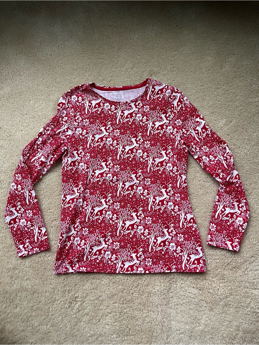 Talbots Red & White Reindeer LS Talbots Tee Shirt - M Petite - VGUC - Stretch